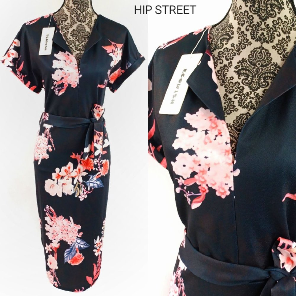 ECOWISH Dress V Neck SS Floral Stretch Belted Midi XL NWT